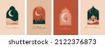Collection of modern style Ramadan Mubarak greeting cards with retro boho design, moon, mosque dome and lanterns 