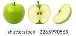 green apple fruit, halves, and slice isolated on white background, fresh green apple fruit, collection.
