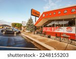 Small photo of Williams, Arizona, USA - September 27, 2021 Goldies Route 66 Diner, casual throwback with 1960s styling restaurant in Williams city located near downtown, , street view