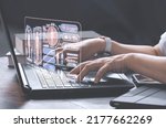 Double exposure images of woman hands using Laptop with Medical Network connection and human internal organs Digital on Hologram modern Virtual Screen Interface, Technology and Education concept