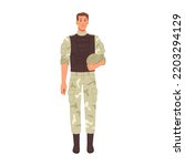 Soldier or military worker, isolated man wearing uniform. Army and defense, warrior protecting country. Personage or character, vector in flat cartoon style