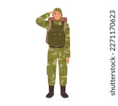 Military man gesturing, isolated soldier wearing life vest and backpack with personal belongings. Infantry army force. Flat cartoon, vector illustration