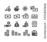 Money or financial vector icon set. Dollar coin, money stack, wallet, banknote finance symbols.