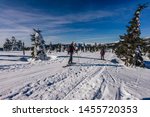 Ski touring in Krkonose National Park, Czech republic. Winter outdoor activity, skialpinism in Giant Mountains. 