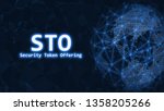Glowing Security Token Offering (STO) text on 3D Rendering blue dotted world and abstract wired global network background. For crypto currency, token promoting, advertising purpose
