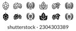 Hop icon vector set. Hops icon with wheat wreath and leaf in thin line and flat style with editable stroke on white background. Beer and brewing sign and symbol. Vector illustration