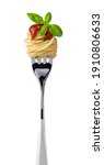 Small photo of spaghetti on fork isolated on white background