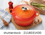 Small photo of Le Creuset dutch oven. One of the most prestigious French manufacturing brands of enameled cast iron cookware. Colombia, December 9, 2021