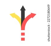 Three arrows pointing in different directions. Choice of path. Black, red and yellow arrow icon. Vector illustration isolated on white background.