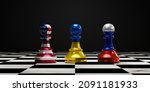 Ukraine flag on chess between USA and Russia on chess board for political conflict and war concept by 3d rendering technique.