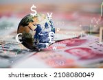 World on international banknotes with currency sign include dollar euro yen yuan pound sterling for money transfer and trade forex concept ,Element of this image from NASA and 3d render.