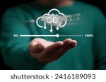 Small photo of conservationist hold reduction carbon icon with cloud sky and loading bar for zero carbon emission from Kyoto protocol , carbon credit footprint to prevent climate change and global warming concept.