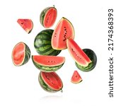 Small photo of Fresh raw watermelon falling in the air isolated on white background. Food levitation or zero gravity conception. igh resolution image.