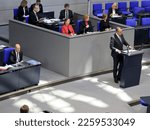 Small photo of Berlin, Germany, February 8, 2023. The German Chancellor, Olaf Scholz, during his government statement at the 84th plenary session of the German Bundestag.