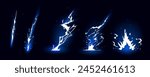 Lightning strike bolt silhouettes sequence vector illustration. Black thunderbolts and zippers are natural phenomena isolated on a dark background. Thunderstorm electric effect of light shining flash.