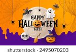 Happy Halloween day poster or banner vector template. Halloween big moon, pumpkin ghost, wizard hat, cute ghost, cartoon skull, spider web and realistic 3d design plastic style halloween elements.