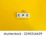 Cost Per Click (CPC) Banner and Icon. Block letters on yellow background. Minimal aesthetics.