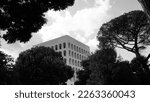 Small photo of Rome, Italy - September 19, 2021: building of the Italian Civilization of the EUR on a cloudy day. known as the SQUARE COLOSSEUM inaugurated in 1940. leased to the high fashion group Fendi