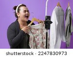 Potrait of retail store owner smile enjoy selling show live sale online screen in IG story reel tiktok work at home studio, isolated on purple background