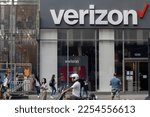 Small photo of New York, NY, USA - July 8, 2022: Front view of the Verizon Herald Square Store in Midtown Manhattan, New York City. Verizon Communications Inc. is an American telecommunications conglomerate.