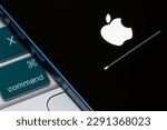 Small photo of Portland, OR, USA - Apr 19, 2023: Closeup up of the Apple logo and progress bar seen on an iPhone when the iOS firmware is being updated to the latest version.