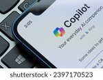 Small photo of Portland, OR, USA - Dec 5, 2023: Webpage of Microsoft Copilot is seen on an iPhone. Microsoft Copilot is a large language model-based chatbot developed by Microsoft Corporation.