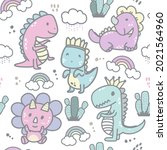 seamless pattern cute dinosaur... | Shutterstock .eps vector #2021564960
