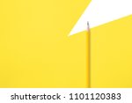 Small photo of Minimalist presentation template with copy space by close up photo of wooden yellow pencil isolated on yellow paper and combine with white quirk shape. Flash light made soft light on yellow pencil.