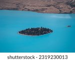 Lake Tekapo and Motuariki Island, Motuariki island from above, aerial shot of Lake Tekapo and Motuariki Island, Mackenzie Country, South Island New Zealand