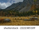 Small photo of Russia. The South of Western Siberia, the Altai Mountains. Huge rock fragments surrounded by colorful autumn trees and shrubs at the foot of inaccessible cliffs in the valley of the Chuya River.