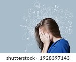 Small photo of Young woman with worried stressed face expression with illustration