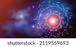 Small photo of Zodiac signs inside of horoscope circle. Astrology in the sky with stars and moons astrology and horoscopes concept