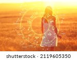 Small photo of Zodiac signs inside of horoscope circle astrology and horoscopes concept on woman background