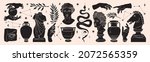 Greek ancient sculpture mystic set. Vector hand drawn illustrations of antique classic statues in trendy bohemian style. Boho tattoo art. Heads, horse, branch, vase, column, snake, hands, body, stars.