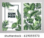 tropical palm leaves background.... | Shutterstock .eps vector #619055573