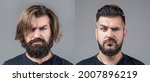 Small photo of Collage man before and after visiting barbershop, different haircut, mustache, beard. Male beauty, comparison. Shaving, hairstyling. Beard, shave before, after. Long beard Hair style hair stylist