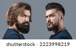 Small photo of Shaving, hairstyling. Beard, shave before, after. Long beard Hair style hair stylist. Collage man before and after visiting barbershop, different haircut, mustache, beard. Male beauty, comparison.