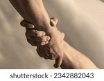 Small photo of Rescue, helping gesture or hands. Two hands, helping arm of a friend teamwork. Helping hand outstretched, arm, salvation.