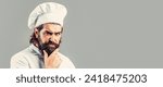 Small photo of Bearded chef, cooks or baker. Bearded male chefs isolated. Cook hat. Confident bearded male chef in white uniform. Serious cook in white uniform, chef hat. Portrait of a serious chef cook.