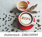 Small photo of Goodbye 2023 Hello 2024 theme coffee cups with number 2024 and 2023 over frothy surface on white cement background with coffee beans, star anise, dried pine branch. Holidays food art Happy New Year.
