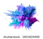 Explosion of blue, aqua and violet dust isolated on white. Freeze motion of color powder exploding. Illustration
