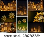 Collection of Christmas lantern houses with stars at night. Snowdrifts in Christmas town