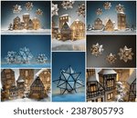 Collection of Christmas lantern houses in snowdrifts. Stars over the Christmas town. Stars in the snow