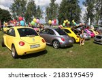 Small photo of MOSCOW, RUSSIA - JULY 23, 2021: Car. Volkswagen Beetle. Automobile on street of Moscow city, Russia. Unusual tuning car. Custom car, customized cars. Tuning auto, cars at Tuning Open Fest in Moscow