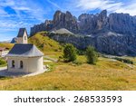 Small church at Passo Gardena in the Dolomites Mountains, South Tyrol, Italy