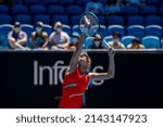 Small photo of MELBOURNE, AUSTRALIA - 19 JANUARY, 2022: Australian Open Tennis Grand Slam. Day 3, Aryna Sabalenka (BLR) won against Marketa Vondrousova (CZE). 4:6, 6:3, 6:1. Vondrousova serves.
