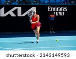 Small photo of MELBOURNE, AUSTRALIA - 19 JANUARY, 2022: Australian Open Tennis Grand Slam. Day 3, Aryna Sabalenka (BLR) won against Marketa Vondrousova (CZE). 4:6, 6:3, 6:1. Vondrousova running towards the ball.