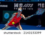 Small photo of MELBOURNE, AUSTRALIA - 19 JANUARY, 2022: Australian Open Tennis Grand Slam. Day 3, Aryna Sabalenka (BLR) won against Marketa Vondrousova (CZE). 4:6, 6:3, 6:1. Forehand from Vondrousova.