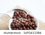 Chocolate balls with milk and a spoon in a white plate
