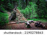 A hut made of branches in the forest. Witch hut in deep forest. Forest witch hut. Hut in forest